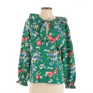 LOFT Green Floral Blouse Long Puff Sleeve Women’s XL